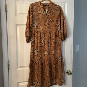 NWT G by Giuliana Snake Print Tiered Midi Dress XXS Brown Tan Sheer Boho Dress